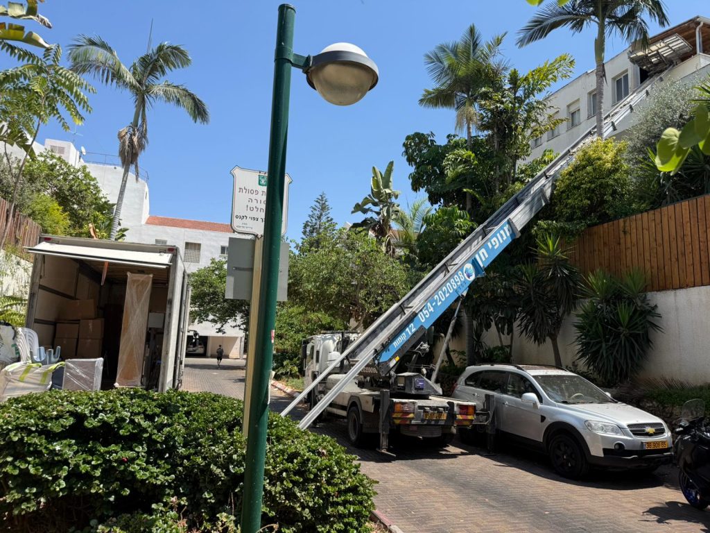 משאית הובלות חונה ליד בניין. מנוף הובלה ארוך נמתח מהמשאית אל מרפסת גבוהה. ניתן לראות ארגזים ורהיטים. שתי מכוניות וצמחייה רבה מקיפות את האזור תחת שמיים כחולים וצלולים.